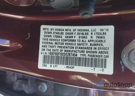 2013 Honda Civic Lx from USA, damaged, VIN 19XFB2F52DE287454